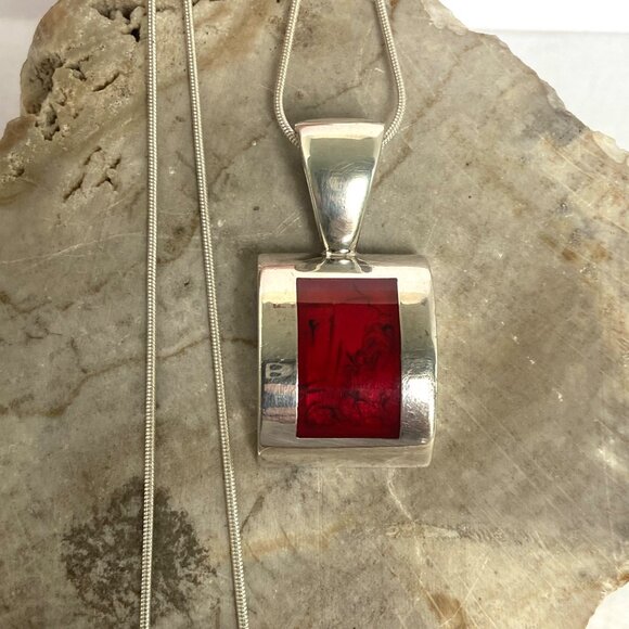 Solid Sterling Silver 925 Sim Red Jasper Pendant Necklace 19.5" Snake Chain - Picture 4 of 16